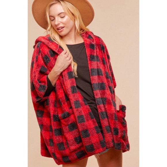 Hapatics Tops - Red Plaid Sherpa Cardigan Open Front Hooded Relaxed Fit